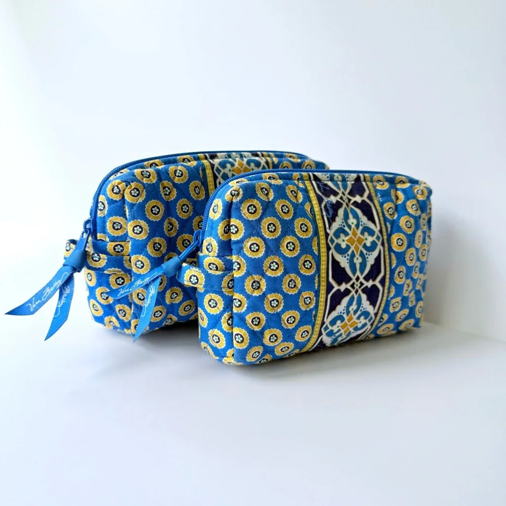 Vera Bradley Set of Two Retired Riviera Blue & Yellow Quilted Cosmetic Bags